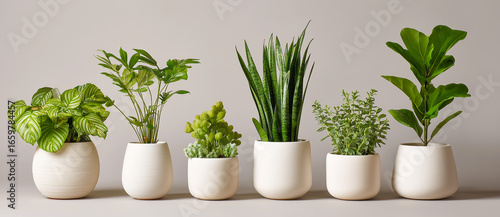 Minimalist arrangement of houseplants in modern white ceramic pots.
