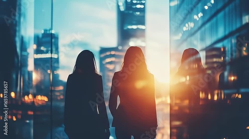 Silhouetted Businesswomen Standing In Front Of Large Office Building Windows During Golden Hour With Cityscape View