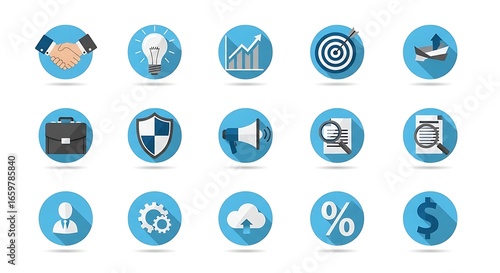 Collection of business and finance icons on blue circles with long shadows in a flat design style