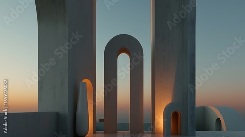 Modern Architectural Elements Against a Serene Sunset Sky in Abstract Style