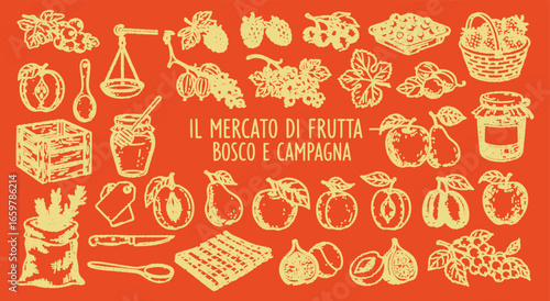 Fruit Market. Woods and Countryside. A rustic hand drawn vector illustration set in a stamp style of fruits and jams for organic food packaging, a farmers market poster, or a brand logo.