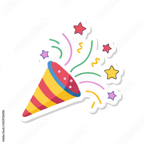Cartoon party popper with stars and confetti explosion
