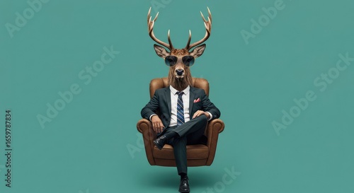 Stylish Anthropomorphic Deer Head Sitting on Chair in Formal Suit Composition