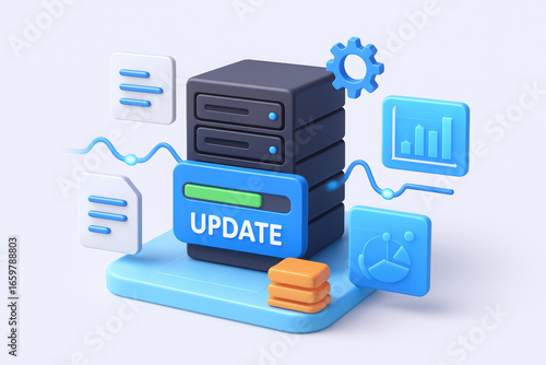 Colorful 3D illustration of a server with an update prompt, symbolizing data management and technology advancements.