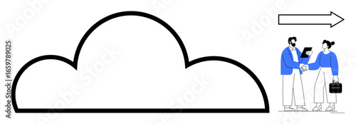 Large cloud outline with two professionals shaking hands and holding devices, complemented by a forward arrow. Ideal for teamwork, partnership, innovation, cloud computing, business growth