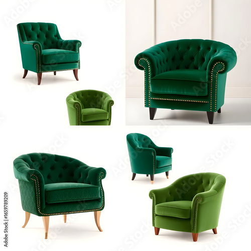 Luxurious green velvet armchairs in various art