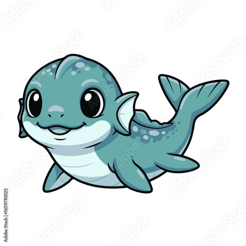 A cute baby Mosasaurus sticker design, chibi cartoon style, 2D flat vector icon illustration of an adorable little. Kawaii style, character art, isolated on white background