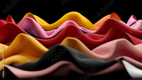 Colorful Wavy Fabric Textures in Vibrant Shades with Soft Light on a Black Background