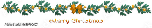 Border garland of Christmas tree branches decorated with golden ornaments.