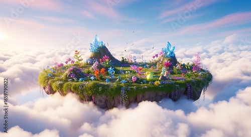 Magical Floating Island Garden with Vibrant Flowers and Crystals