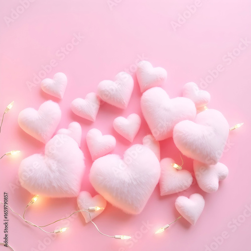 Pastel pink fluffy hearts of various Sizes with