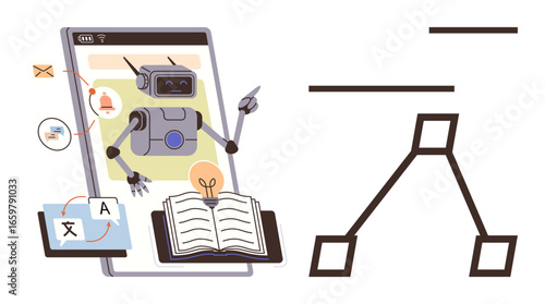 Robot interacting with book, smartphone, translation tools, and notifications. Ideal for AI, machine learning, education, technology automation language learning digital tools. Simple flat