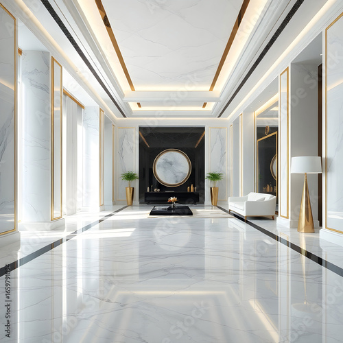 Luxurious 3D room with polished marble floors the