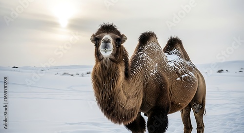 Majestic Bactrian Camel in Snowy Winter Landscape