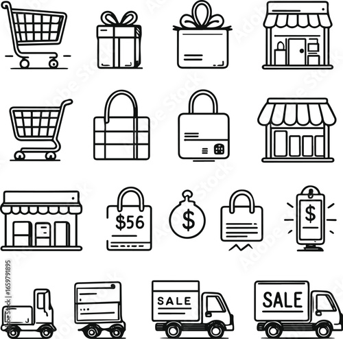 ecommerce and shopping icon set, minimal doodle style, bold smooth ink line art, professional high-quality vector illustration. Includes shopping cart, gift box, credit card, wallet, price tag, barcod