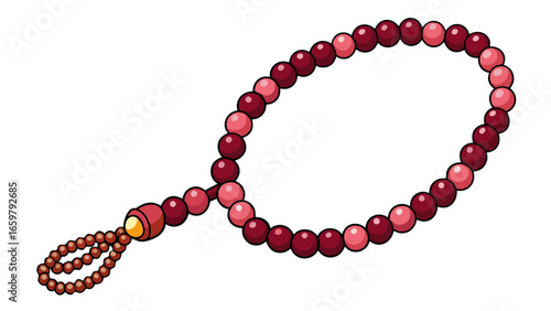 Islamic prayer beads decorative red pink agate prayer rosary beads isolated against white background vector illustration.