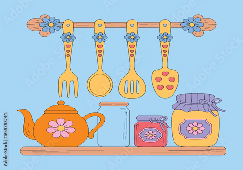A vector illustration of a retro kitchen utensils set with cooking icons and a seamless pattern for restaurant or food design