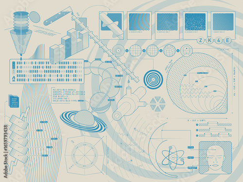 Complex Science and Technology Vector Blueprint. A detailed technical diagram with interconnected elements like atoms, planets... Ideal for research, engineering, and innovation concepts