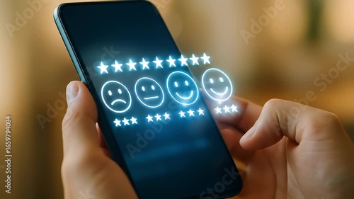 Wallpaper Mural Hands Touching Smartphone Screen with Glowing Feedback Icons Representing Rating System Torontodigital.ca