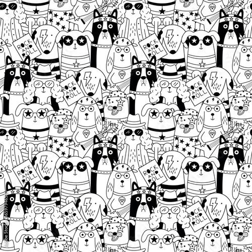 Seamless black and white pattern featuring cartoon dogs as rock musicians.