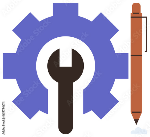 Gear with wrench symbolizes engineering tools, pen suggests creativity. Ideal for technology, engineering, mechanics, innovation, productivity, problem-solving, simple flat metaphor