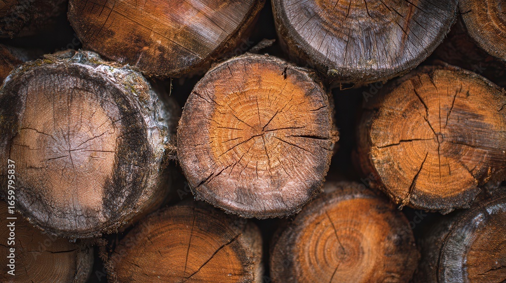 Naklejka premium A close-up view of stacked wooden logs, showcasing their rich textures and natural patterns.