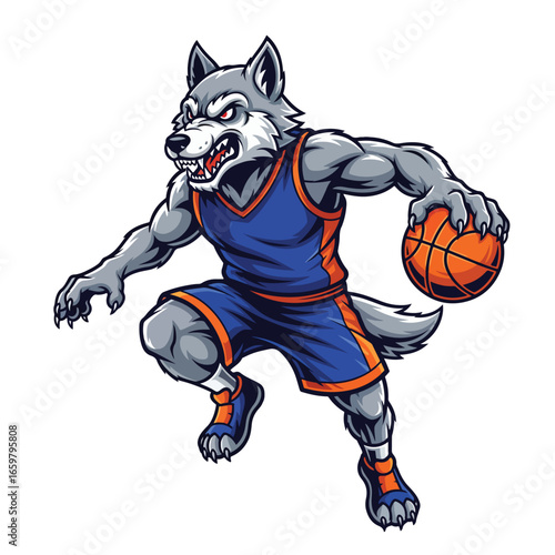 A gray wolf mascot in a basketball uniform dribbling a basketball