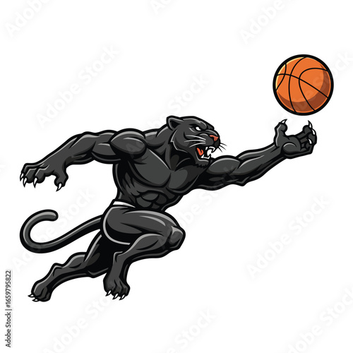 A muscular black panther lunges towards a basketball It is wearing white trimmed shorts The background is white