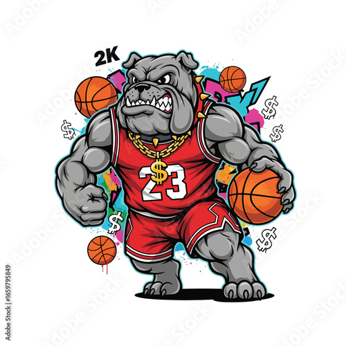 A muscular bulldog in a red jersey with a dollar sign pendant holds two basketballs Background features graffiti and dollar signs