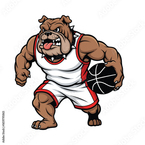 A muscular bulldog basketball player wearing a white jersey with red trim holds a black basketball with white lines