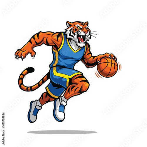 A tiger mascot dribbles a basketball wearing a blue jersey The background is white