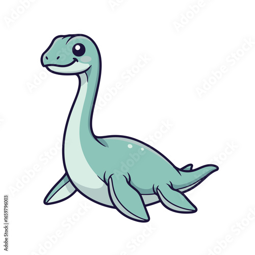 A cute baby Plesiosaurus sticker design, chibi cartoon style, 2D flat vector icon illustration of an adorable little. Kawaii style, character art, isolated on white background