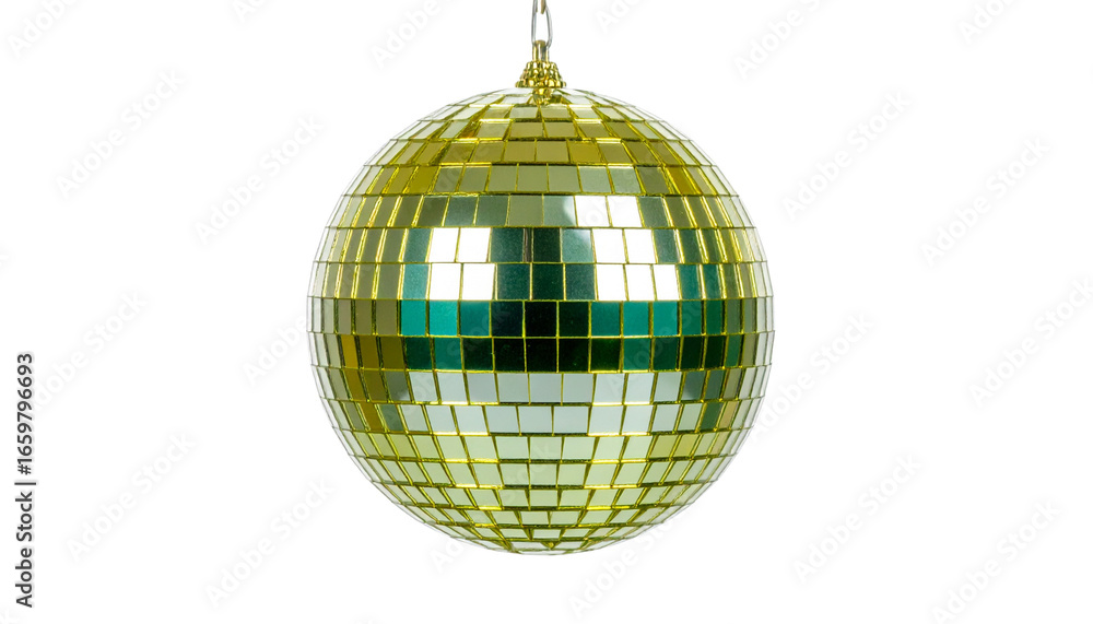 Obraz premium Gold and teal disco ball spinning and reflecting bright light perfect for party and celebration visuals isolated on solid white background in png