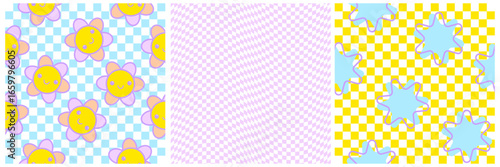 Colorful Checkerboard Patterns with Cute Floral and Abstract Star Motifs. Kid Core Style Seamless Vector Patterns In Bright Dopamine Colors. Bubblegum Pink Wavy Checkerboard On a White Background. 