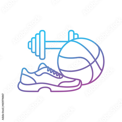 A vibrant gradient line art illustration symbolizing a healthy and active lifestyle with a basketball, dumbbell, and running shoe.