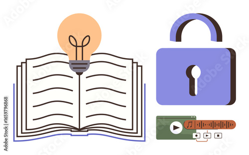 Open book with lines, glowing light bulb, padlock, and multimedia player controls. Ideal for knowledge, education, innovation, security, digital media intellectual property protection simple