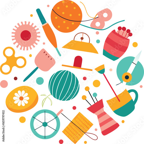 Colorful and Playful Crafting and Hobby Tools Illustration for Creative Projects and Design Concepts