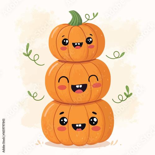 Pumpkin stack with funny faces, cute vector style