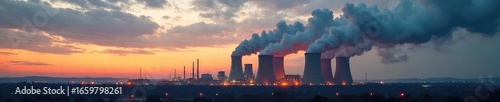 A sprawling coal-fired power plant, billowing smoke against a dramatic sky Immense structures, industrial landscape, energy production, environmental impact , renewable energy, smokestacks