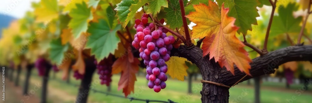 Fototapeta premium Close-up of mature grape vines, their leaves turning autumnal hues, with bunches of ripe grapes hanging heavy, signifying the end of the harvest season , mature, shadows