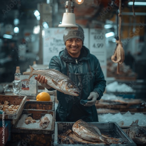 Morning fish market bustle, cheerful vendor offering glistening whole fish amid cold steam, ice crates, and warm accent lights, cinematic chest‑level focus