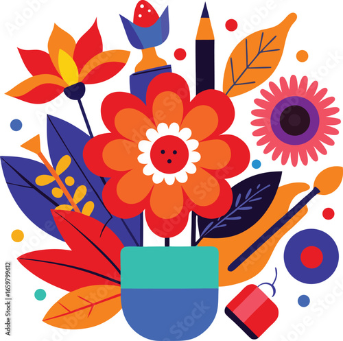 Vibrant Floral Arrangement with Art Supplies in a Colorful and Cheerful Flat Design Illustration Perfect for Spring Projects and Creative Endeavors