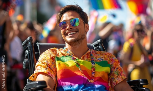 Inclusive image of a disabled homosexual man in a wheelchair, wearing a rainbow pride flag during Pride festivities. The image reflects LGBTQ+ disability inclusion and representation, Generative AI