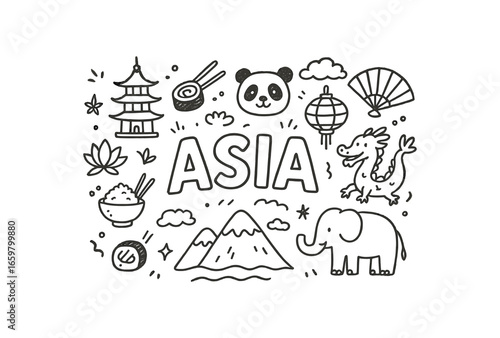 Cute doodle style illustration with large central word Asia surrounded by various simple stroke line art doodles like temple sushi panda rice bowl dragon lantern fan elephant and mountain