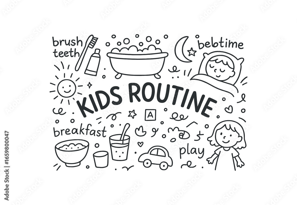 Fototapeta premium Cute doodle style illustration with large central word Kids Routine surrounded by various simple stroke line art doodles like brush teeth bath bedtime breakfast and play