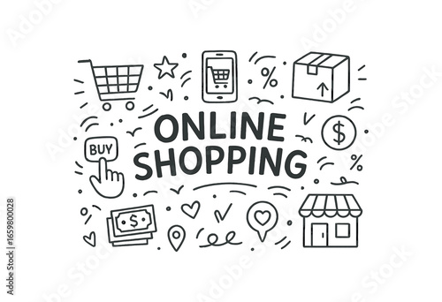 Cute doodle style illustration with large central word Online Shopping surrounded by various simple stroke line art doodles like shopping cart mobile app delivery box and money