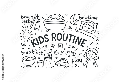 Cute doodle style illustration with large central word Kids Routine surrounded by various simple stroke line art doodles like brush teeth bath bedtime breakfast and play