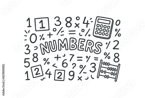 Cute doodle style illustration with large central word Numbers surrounded by various simple stroke line art doodles like digits calculator abacus math symbols and number blocks