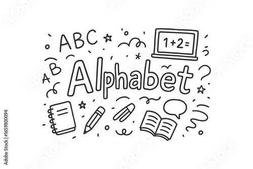 Cute doodle style illustration with large central word Alphabet surrounded by various simple stroke line art doodles like ABC letters pencil book chalkboard and speech bubble