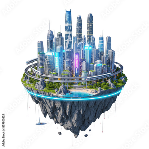 Realistic 3D illustration of future city architecture on a floating island, isolated on white